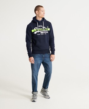 Superdry Vintage Logo Cross Hatch Brushed Férfi Kapucnis Pulóver Sötétkék | KMLFZ9213